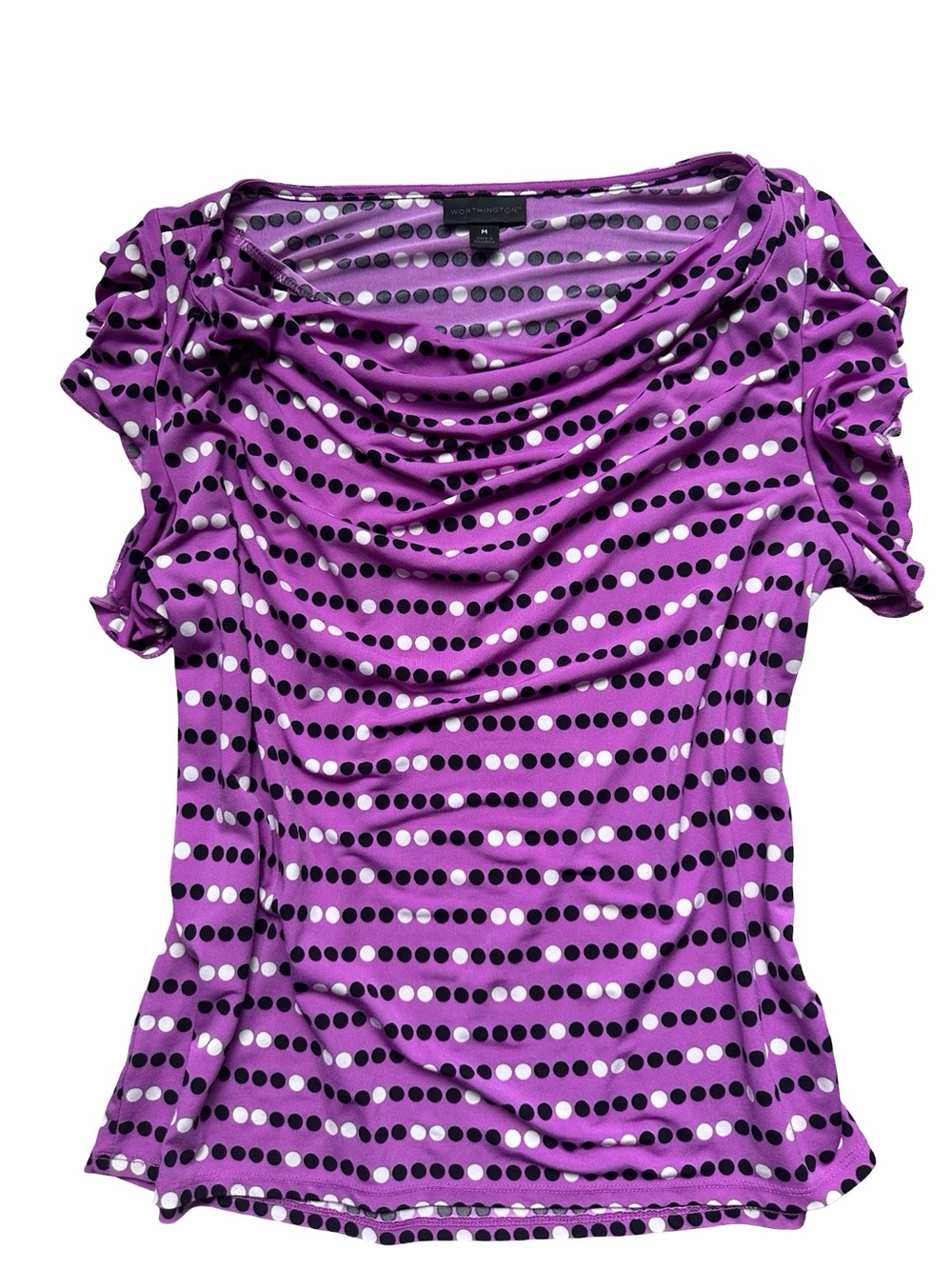 Worthington Purple Dot-Striped Drape Neck Short Sleeve Top
